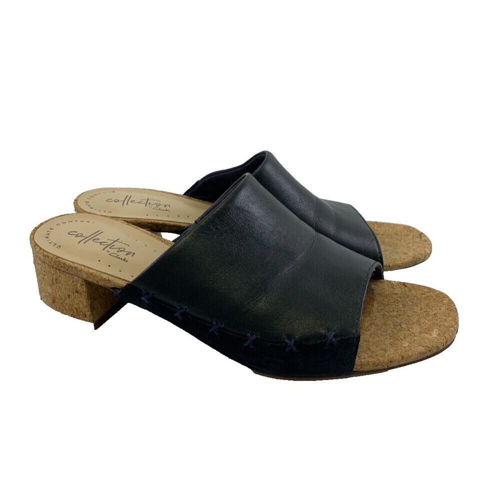 Clarks Collection Elisa Abby Sandal Navy Leather SlipOn Low Heel Slide Women 6.5